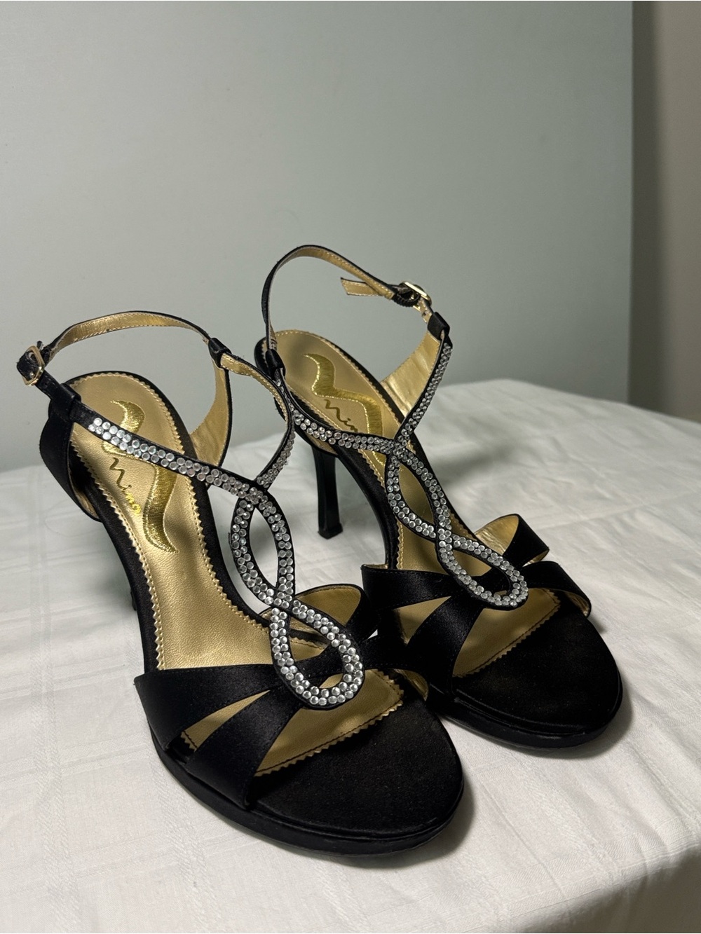 Nina Black Satin Rhinestone Infinity T-Strap Heels